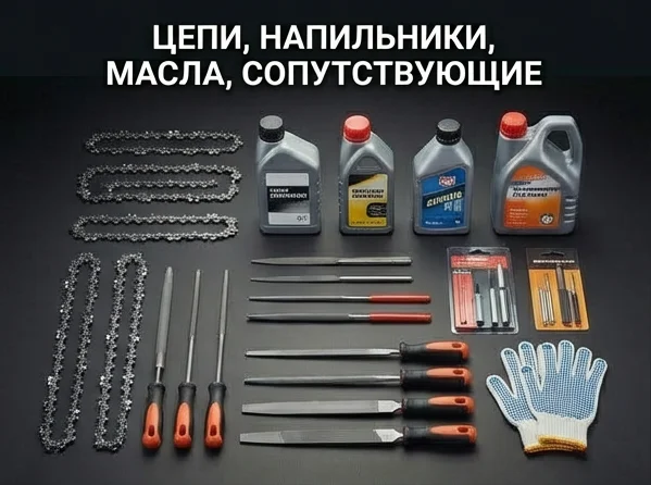 Цепи, напильники, масла, сопутствующие